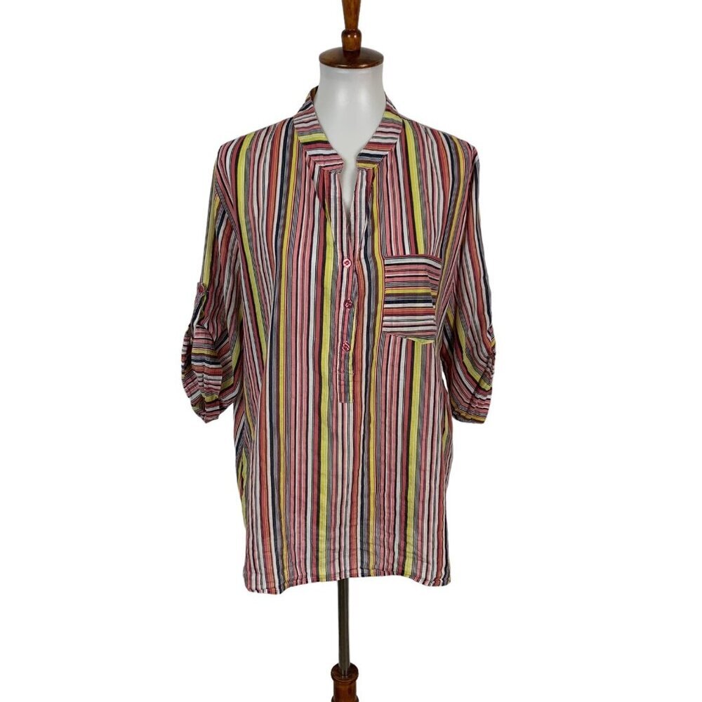 Francis Cabrel Shirt Top Large Stripe 34‎ Sleeve Boho Popover Retro